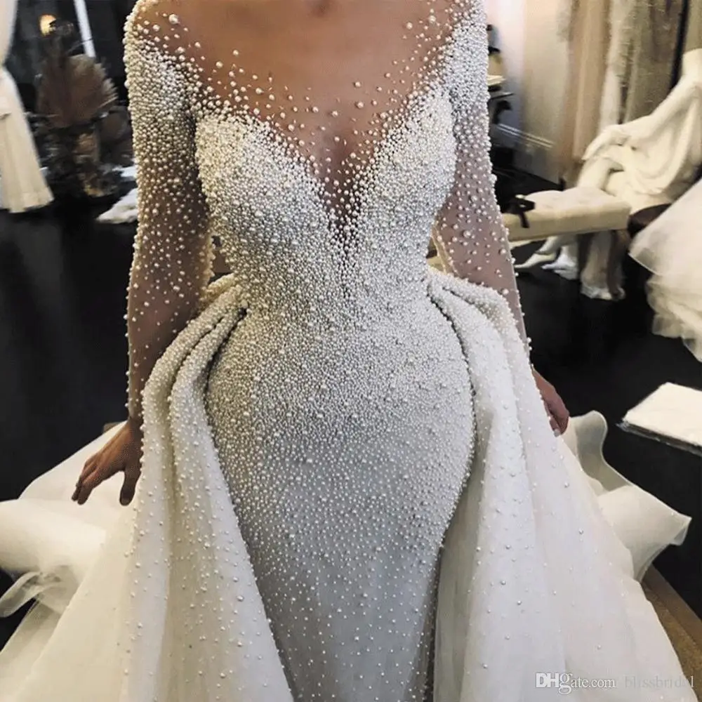 Роскошные жемчужные свадебные платья русалки со съемным шлейфом и прозрачной шеей с длинными рукавами свадебное платье арабского размера плюс свадебное платье