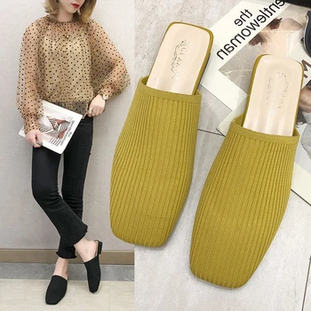 

2020Square Toe Stretch Slippers Low Block Heel Slip On Casual Comfort Lazy Lady Shoes Flats Spring Summer slippers women