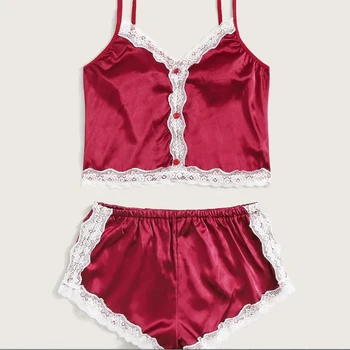 

New Women's Sleepwear Sexy Sweet Satin Pajama Set White Lace V-Neck Pyjamas Sleeveless Cute Cami Top and Shorts