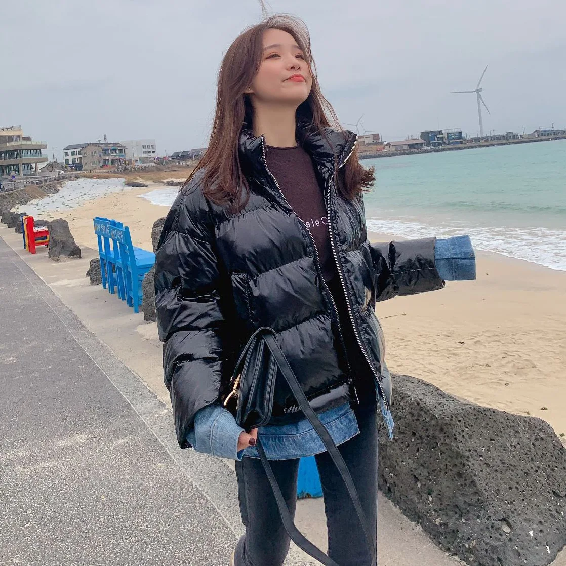 

Photo Shoot CHIC Handsome BF Black And White with Pattern down Coat Joint Cowboy Bright Surface Mock Two-Piece Stand Collar Cott