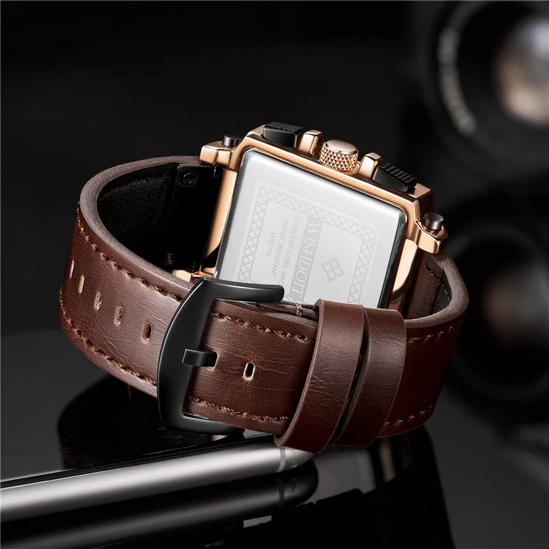 2021 New Fashion Waterproof Men's Watch Top Brand Luxury Leather Square Large Dial Sports Quartz Chronograph Relogio Masculi