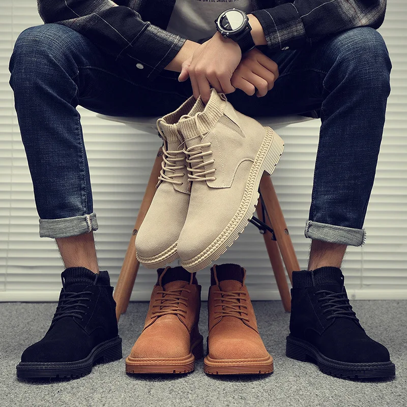 Merkmak New Autumn Winter Men Boots Fashion Retro High Top Ankle Booties British Style Genuine Leather Oxford Boots Big Size