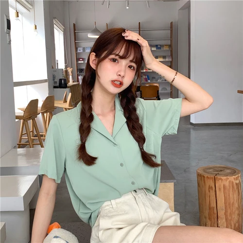 Turndown Collar Short Sleeve Chiffon Shirt Blouse Women 2020 Office Ol Overalls Shirt Casual Button Loose Summer Simple Tops Light Green