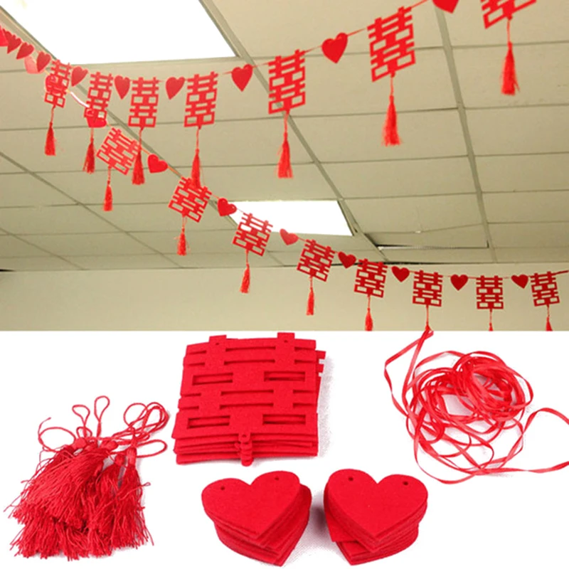 

3 Meters Non -woven Double Happiness Hanging Decor Tassel Wedding Streamer 2019