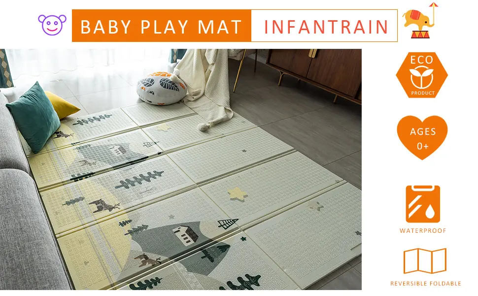 INFANTRAIN Baby Play Mat Foldable Kids Playmat Infants Reversible XPE Crawling Mat Toddlers Foam Play Mat Non-Toxic Size 200*180