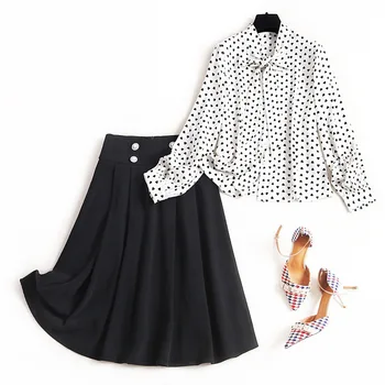 

Women 2020 spring elegant two piece set heart pattern print bow collar chiffon tops white shirts pleated black skirt suit NEW