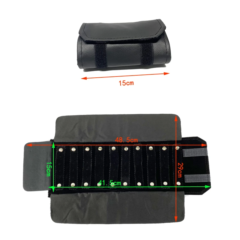 Black Pu Leather Lychee Pattern Jewelry Storage Small Roll Bag Black Velvet Necklace Bracelet Ring Storage