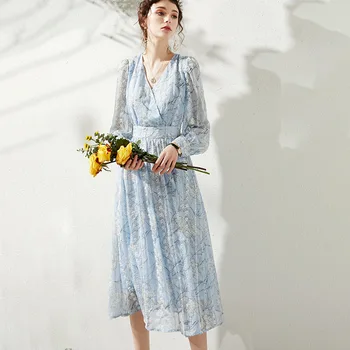 

BGW 31828ht 2020 New Blue Chiffon A Line Cocktail Dresses Long Sleeves Sexy V Neck Floral Print Платье Коктельное Женское