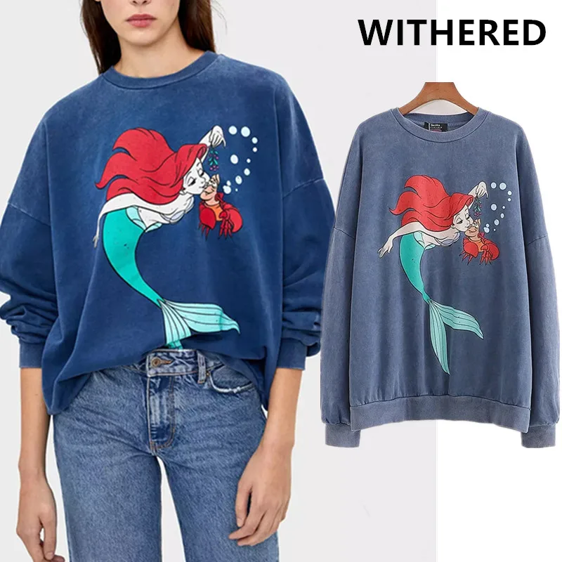 Увядшая Англия Стиль high street Русалка мультфильм милые большие винтажные хлопковые зимние толстовки женские толстовки пуловеры Топы