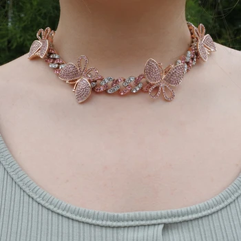 bubble crystal stone 12mm curb cuban chain butterfly pendant hip hop necklace women charm rose gold silver color pink cz jewely