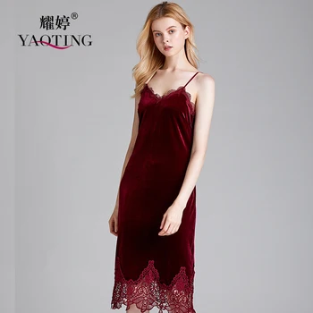

YAO TING 2020 New soft Velvet women nightwear High Quality Satin Silk nightgowns Ladies night dress Sexy Backless Sleeveless