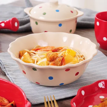 

Ceramic Dishes Polka Dot Fruit Dessert Plates Dinner Plates Cake Salad Bowl Rice Noodle Soup Bowl Set Serving Platter Tableware