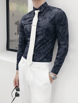 

2019 autumn British light luxury long-sleeved printed shirt youth Slim men's fashion nightclub business casual shirt