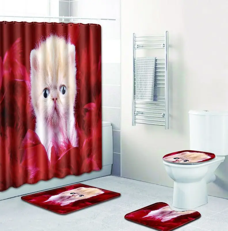 

4pcs/set Cute Animal Cat Print Waterproof Shower Curtain Pedestal Rug Toilet Cover Anti-slip Bath Mat Bathroom Decor with Hooks