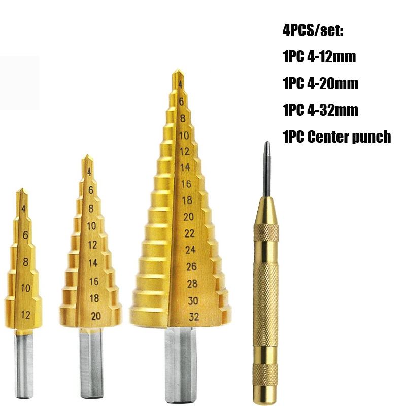 4-12 мм 4-20 мм 4-32 мм HSS 4241 сталь большой шаг конус с титановым покрытием сверло для резки металла набор инструментов Дырокол - Цвет: 4PC
