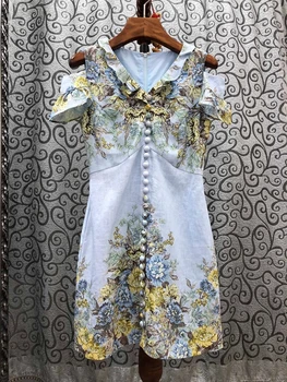 

2020 Spring and Summer New Women's V-neck Back Zipper Wooden Ear Stitching Neckline off-Shoulder Floral Printed Dress 622