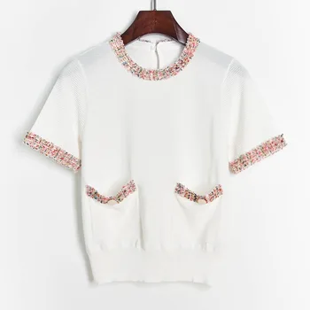 

New Hit Color Neck bian gu Wave Article Double-Pocket by Age Sweater Short Sleeve Women