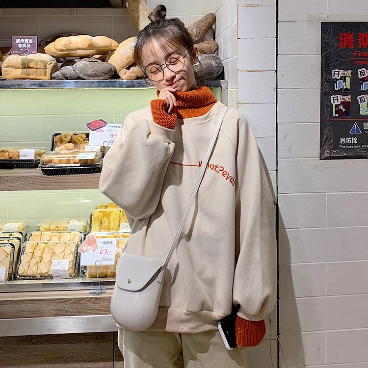 beige Winter Chic high collar sweatshirt female Harajuku vintage fake two plus velvet new fashion letters casual female ins sweatshirt - Цвет: beige