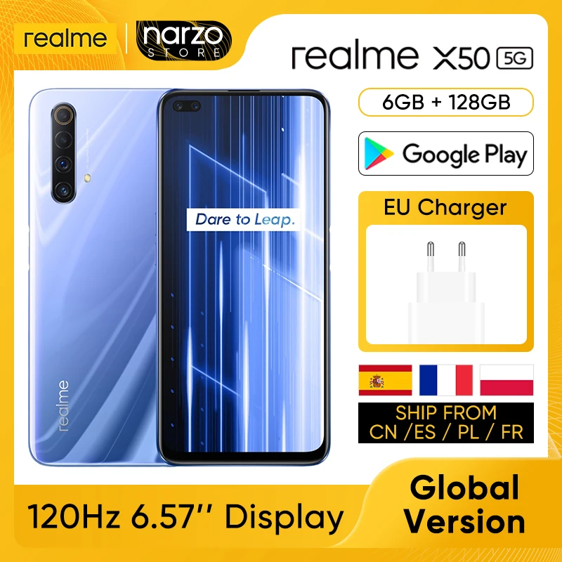 Смартфон глобальная версия Realme X50 X 50 6 ГБ 128 Snapdragon 76 57 дюйма 120 Гц ультра дисплей