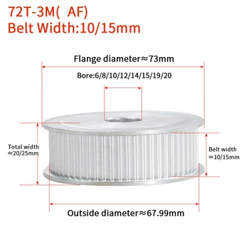 

BYCDJ 3M72 Teeth HTD 3M Timing Pulley Bore 6/8/10/12/14/15/19/20mm for Width 10/15mm AF/BF Aluminium HTD3M Synchronous Belt 72T