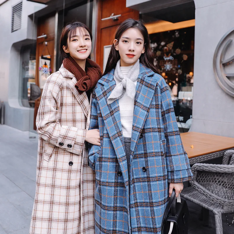 

Woolen Jacket Women's Autumn And Winter New Style Korean-style Loose-Fit Hong Kong Flavor Retro Plaid Woolen Overcoat Mid-length