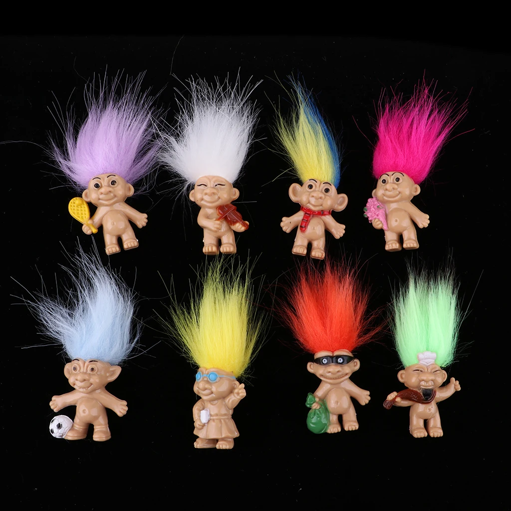 Vintage 8 Pieces Colorful Lucky Troll Doll Leprocauns Dollhouse Mini Figures Toy – Party Favors, Collections, Arts and Crafts