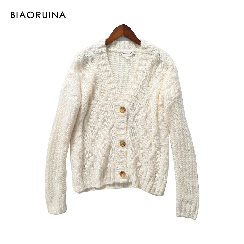 

BIAORUINA Women's Beige Loose Single Breasted Winding Knit Cardigans Female Keep Warm Vintage V-neck Oversized Sweater