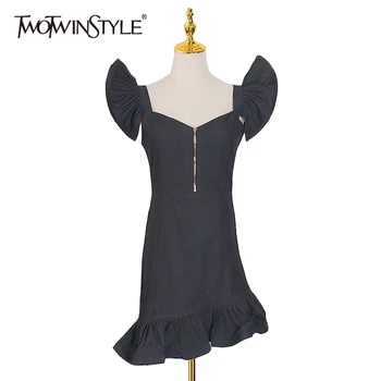 

TWOTWINSTYLE Elegant Dresses Female Square Collar Ruffle Sleeve High Waist Irregular Hem Dress Women Fashion 2020 Spring Clothes