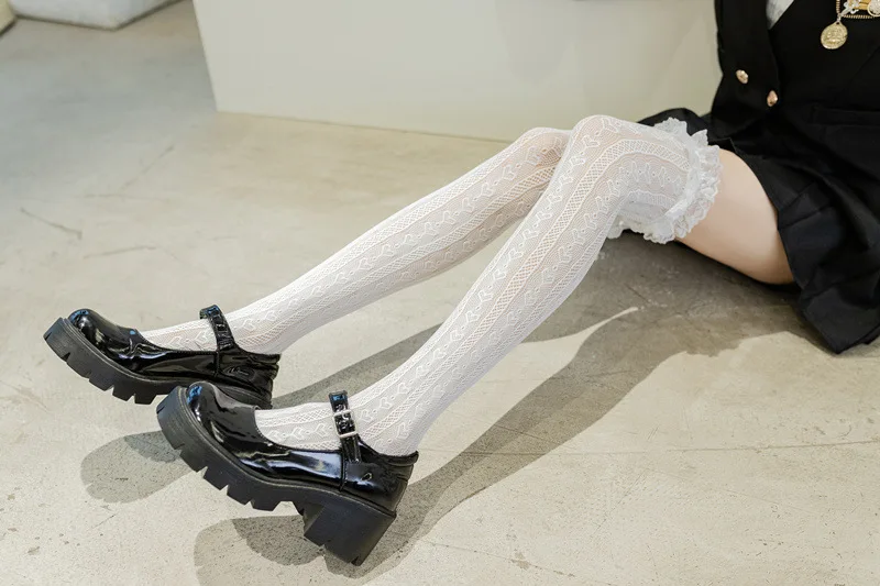 compression socks for women Black and White Lace Lolita High Tube Thigh Knee Socks Female Cute Long Tube Love Lace Japanese College Style Ultra-thin Sexy fluffy socks