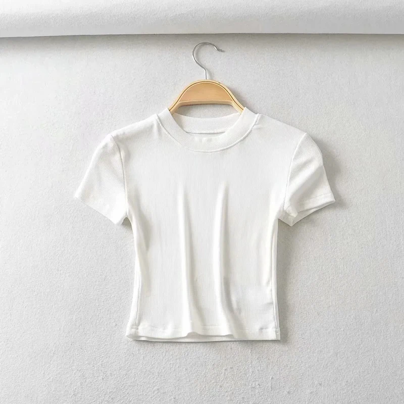 Tripulação pescoço crop top para mulheres, t-shirt