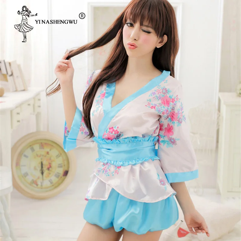 Sexy Cosplay Costume Satin Deep V Sakura Pattern Kimono Nightgown Asia Japanese Geisha Fancy Costume Set Yukata Kimono Femme