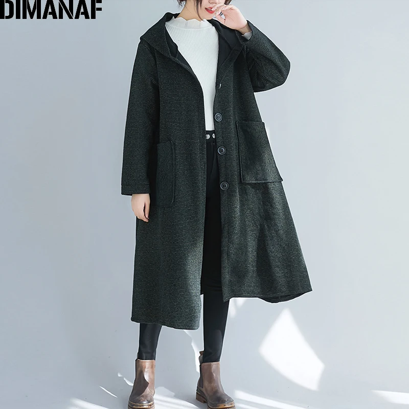 DIMANAF зимние женские пальто больших размеров винтажная шерстяная и смешанная утепленная одежда Офисная Женская верхняя одежда Свободное пальто с капюшоном - Цвет: Dong99396CN-lu