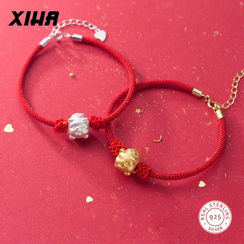 Регулируемый браслет с красной нитью, талисманы, Китайский Зодиак, животное, свинья, 925 пробы, серебряная плетеная веревка, многослойные браслеты
