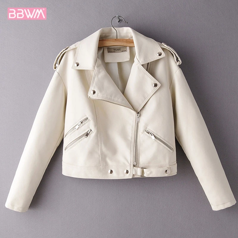 

PU Long Sleeve Lapel Simple Diagonal Zipper Motorcycle Women's Jacket 2019 Autumn Windproof White Chic Female Coat Beige Black