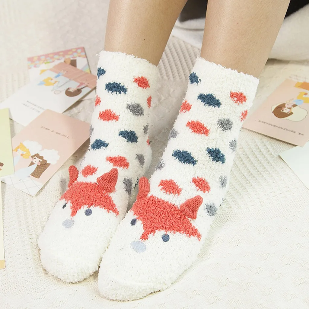 Милые бархатные носки-тапочки кораллового цвета с рисунком животных; плотные теплые носки для сна; женские носки-тапочки без пятки; теплые носки для сна