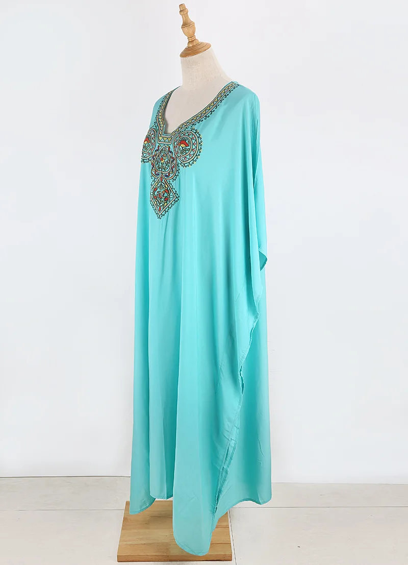 Summer Beach Dress For Beaches Bathing Suit Cover Up Swimwear Pareo Blue Green Embroidered Cotton Loose Swimsuits With