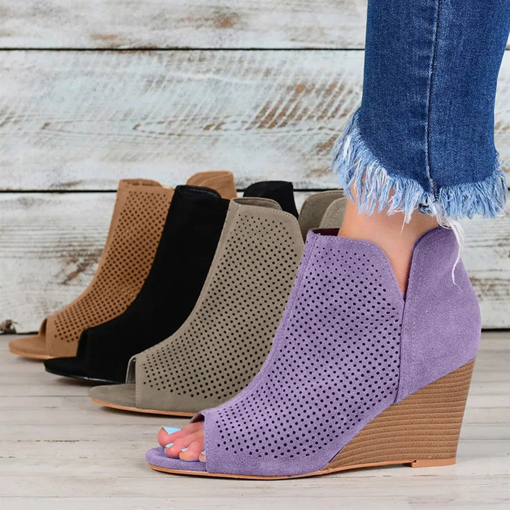 

#30 Women's Fish Mouth Casual Boots Square Pinhole Wedges Heel Ankle Short Booties