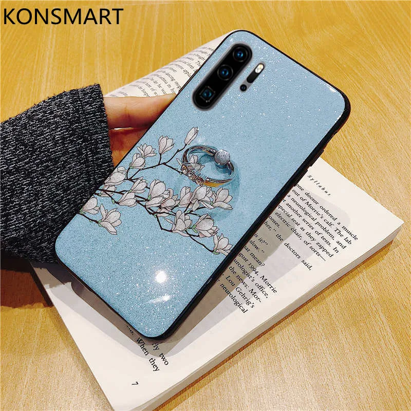 P Smart New Luxury Flower Soft Silicone With Finger Ring Holder Phone Case For Huawei 2018 Glitter Z Back Cover | Мобильные телефоны