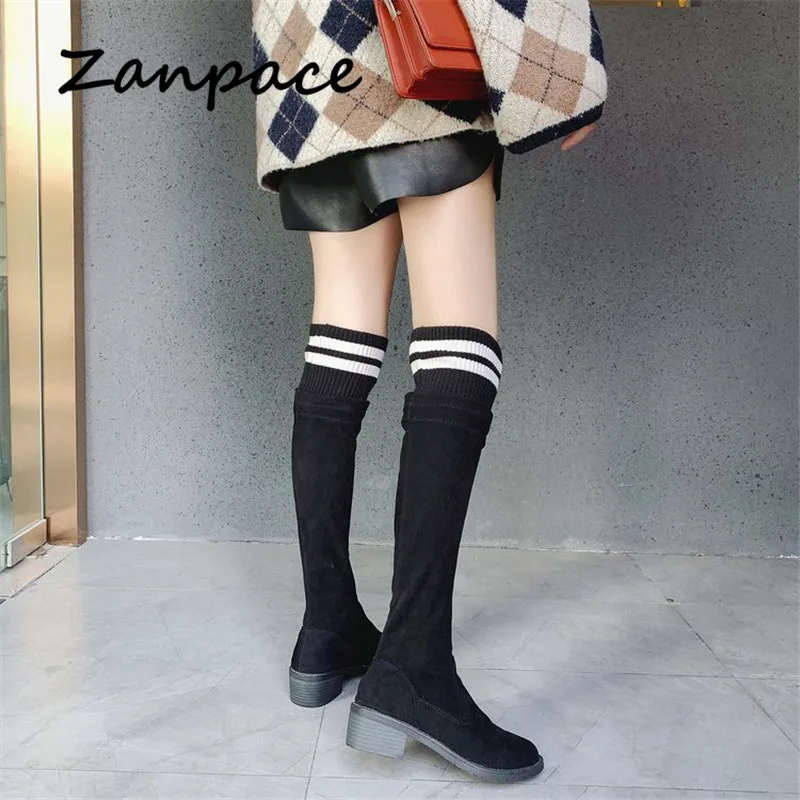 ZANPACE/зимние сапоги; модные женские сапоги выше колена; пикантные высокие сапоги до бедра на плоской подошве; эластичные чулки; женские сапоги; 40