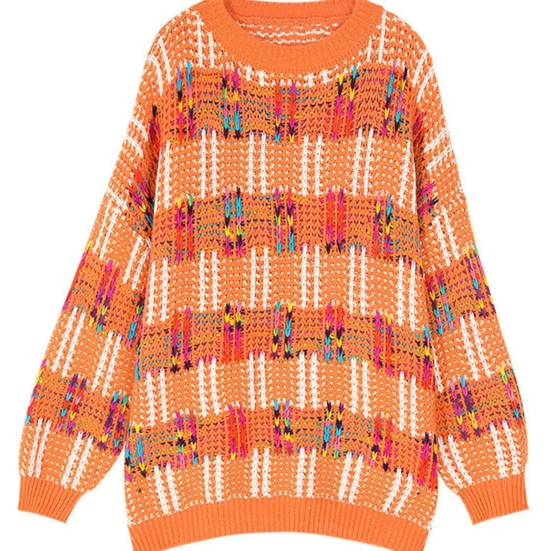 

Mix-Color Knitted Pullover Sweaters Long Sleeve O-Neck Sweater Women Cozy Vintage Female Autumn Winter Harajuku Outfits Tops