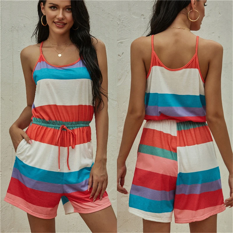

Women's Rainbow Striped Jumpsuit Summer Suspender Casual Jumpsuit Halter Stitching Stripe Suspender Jumpsuit
