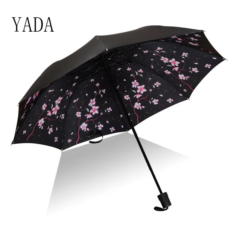 

YADA ins Design Black Coating Folding Umbrellas Cherry blossoms Flower Rainy Umbrella For Women UV Lovely Umbrella Gift YD200067