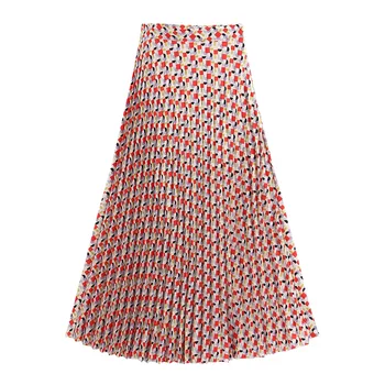 

2020 Spring Women's New Fashion Trend Wild Slim Geometric Graphic Printing Retro High Waist Pleated Midi Long Skirt