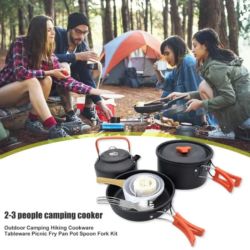 Outdoor Camping Hiking Cookware Tableware Picnic Cooking Pan Fry Pan Kettle Teapot Foldable Fork Spoon Kit Camping Picnic Tools