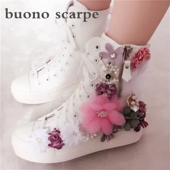 

Handmade 2019 sweet heavy work tide brand color three-dimensional flower thick bottom cake bottom ladies canvas shoes