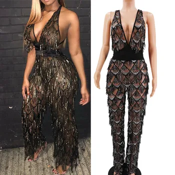

Sexy See Through Black Mesh Sequins Backless Bandage Jumpsuit Fashion Nightclub Bar Club Singer Stage Costume Summer Jumpsuit