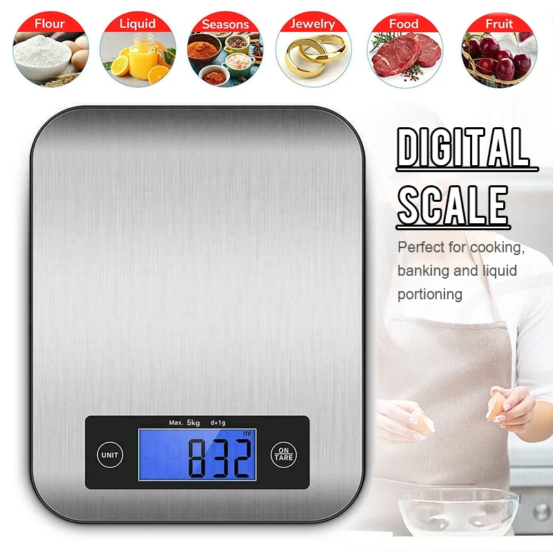 

5kg Kitchen Digital Scale Food Weighing Electronic LCD Stainless Steel Scale Diet Postal Balance Measuring Tool Grams Scales