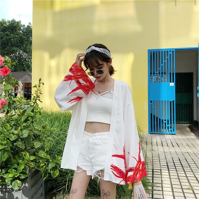 Woherb Женские топы и блузки Harajuku Японская уличная одежда наряд кимоно кардиган женский юката блузка винтажные блузки