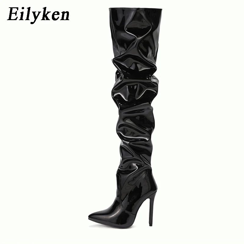 Eilyken New Thigh High Boots Fashion Patent Leather Pointed Toe Zip Female Stiletto Heels Pleated Design Women's Shoes