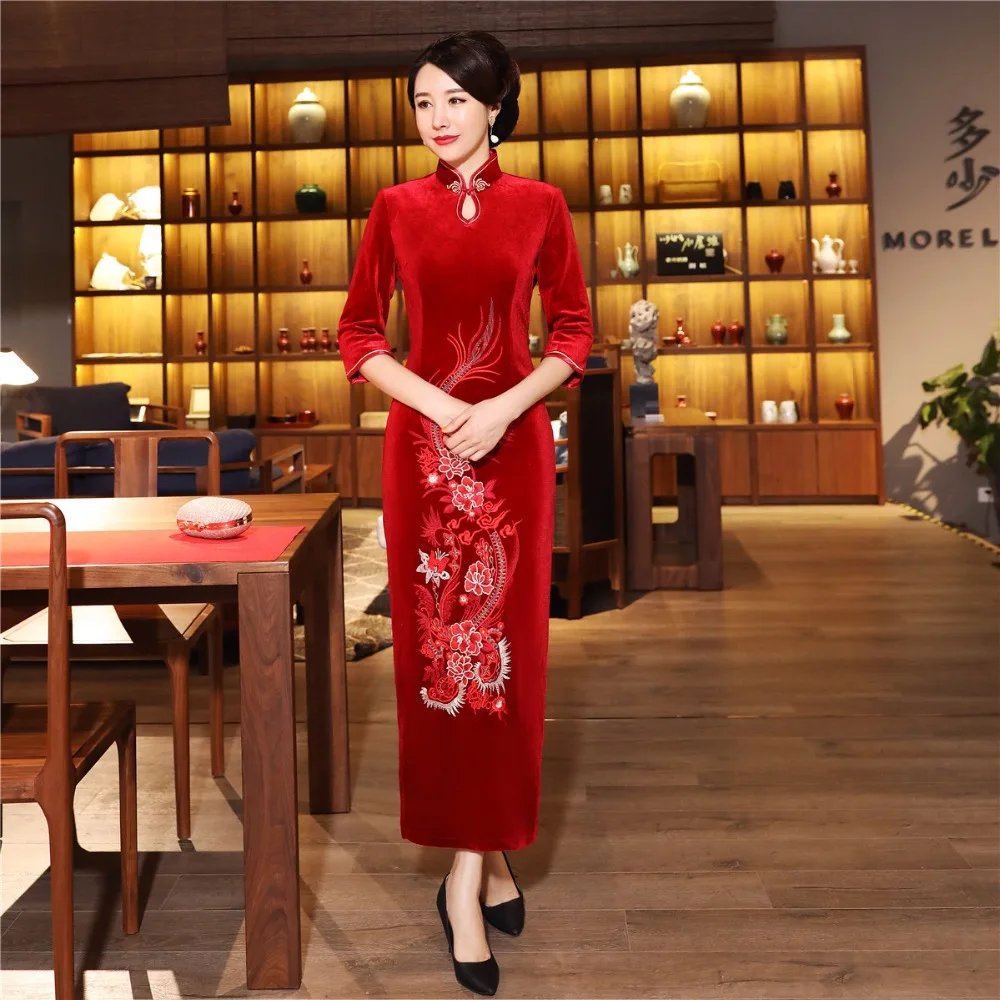 Шанхай история бархат Cheongsam китайское платье вышивка Qipao длинное